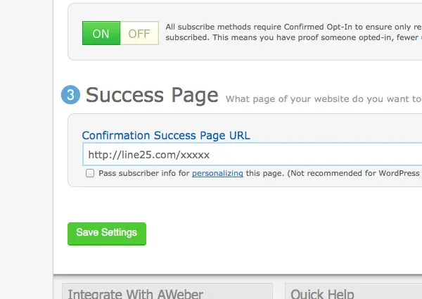 AWeber's success page field