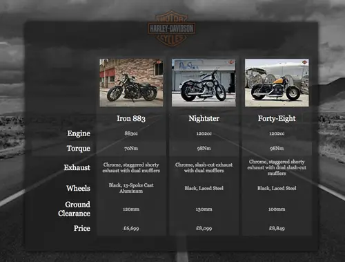 Harley Davidson features table demo