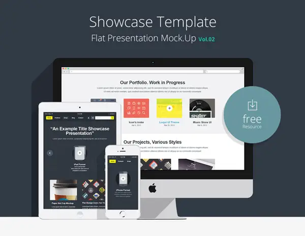 Flat Responsive Showcase PSD Free Mockup Templates UI Designs