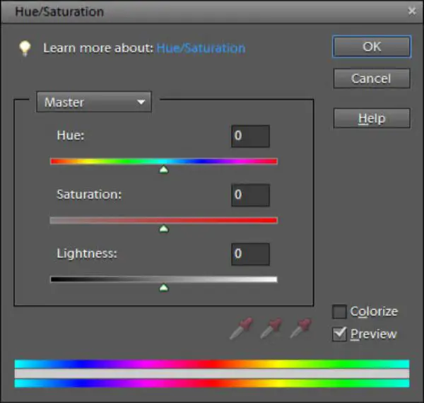 Hue and Saturation slider in photoshop 