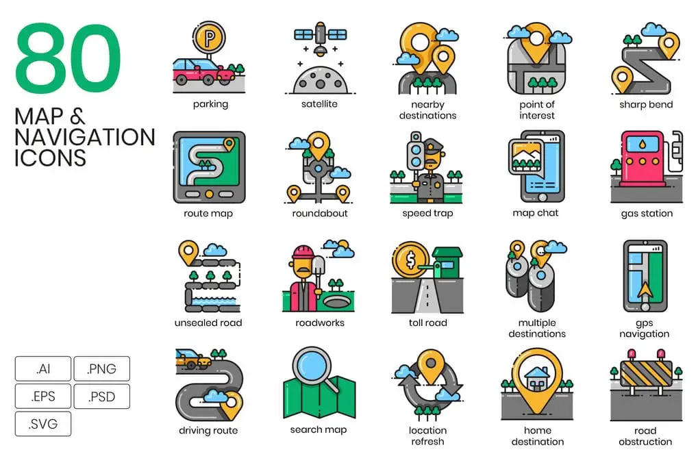 80 map and navigation icons