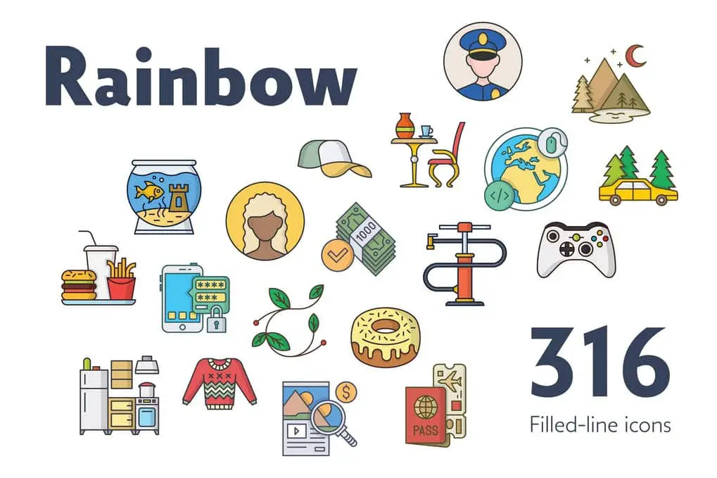 Rainbow: A 316 filled-line bundle of 10 icons