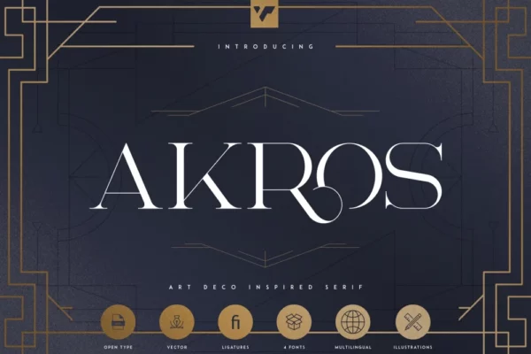 Akros: An art deco serif with frames, PSD styles, and lines