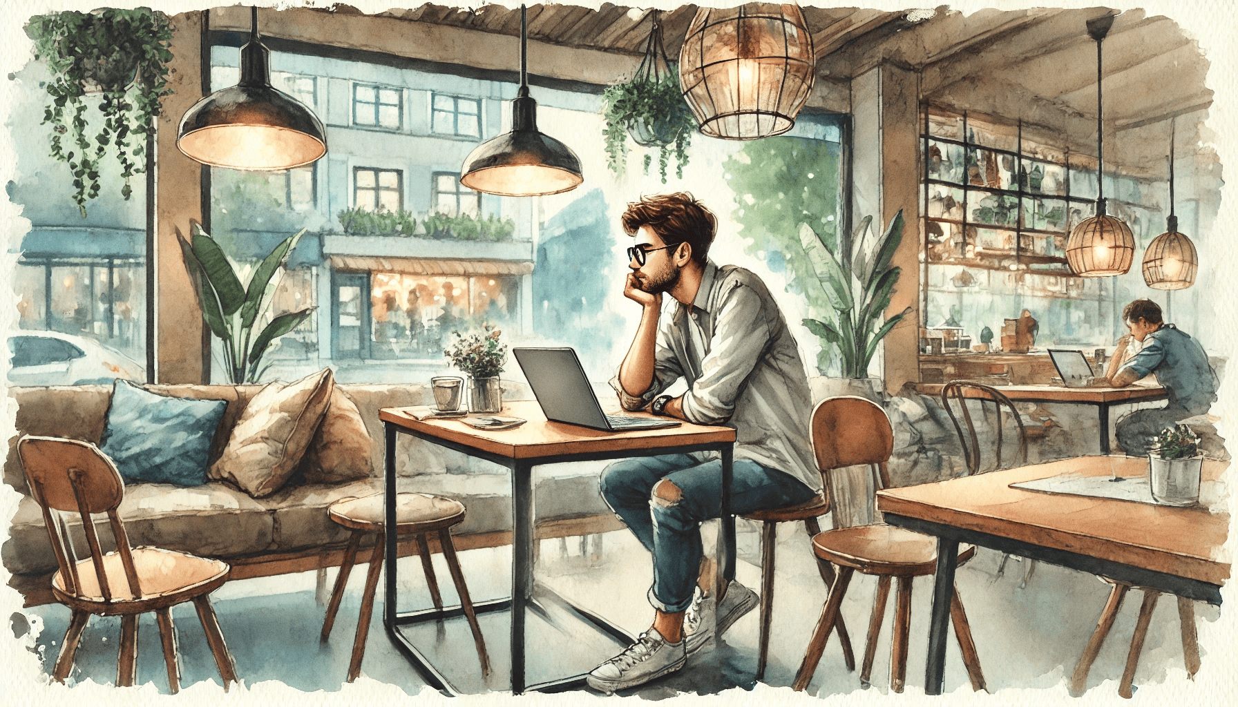 A watercolor painting of a man sitting alone at a cozy modern café, with a laptop open in front of him and a cup of coffee nearby.