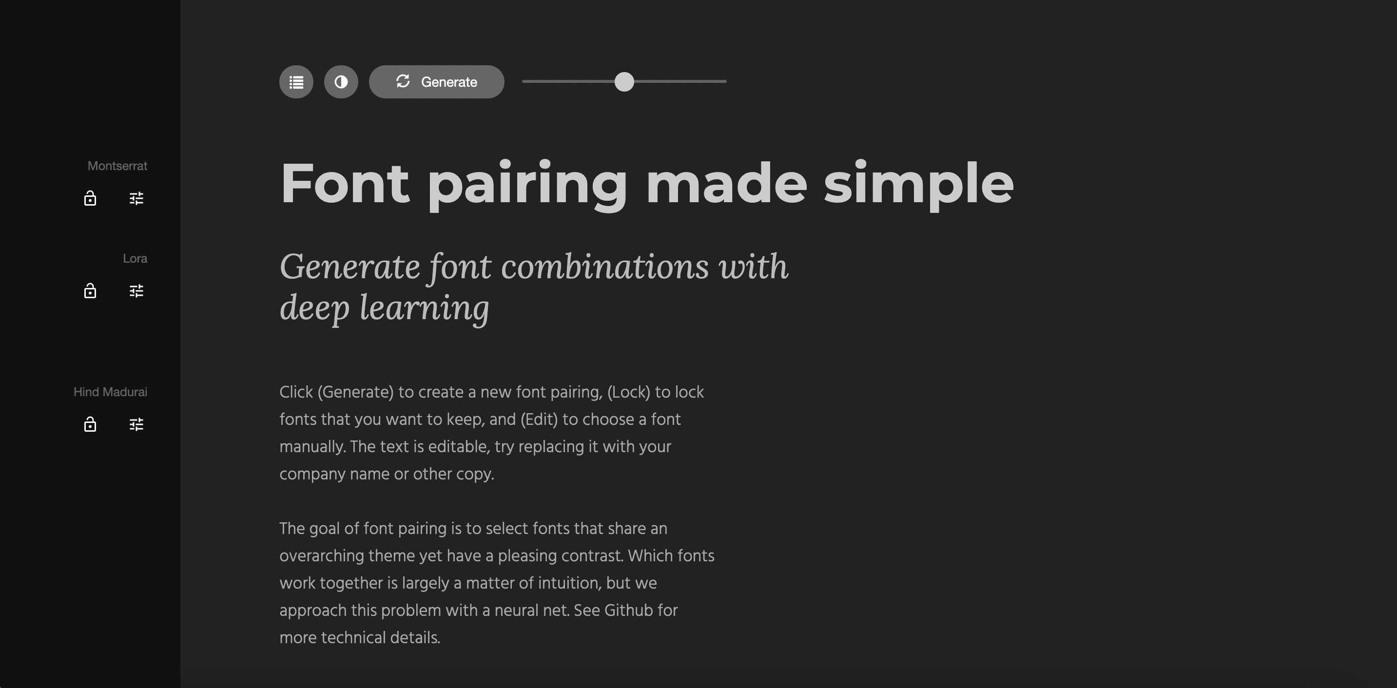 Fontjoy’s Font Pairing Generator uses AI to suggest visually appealing font combinations for any design.