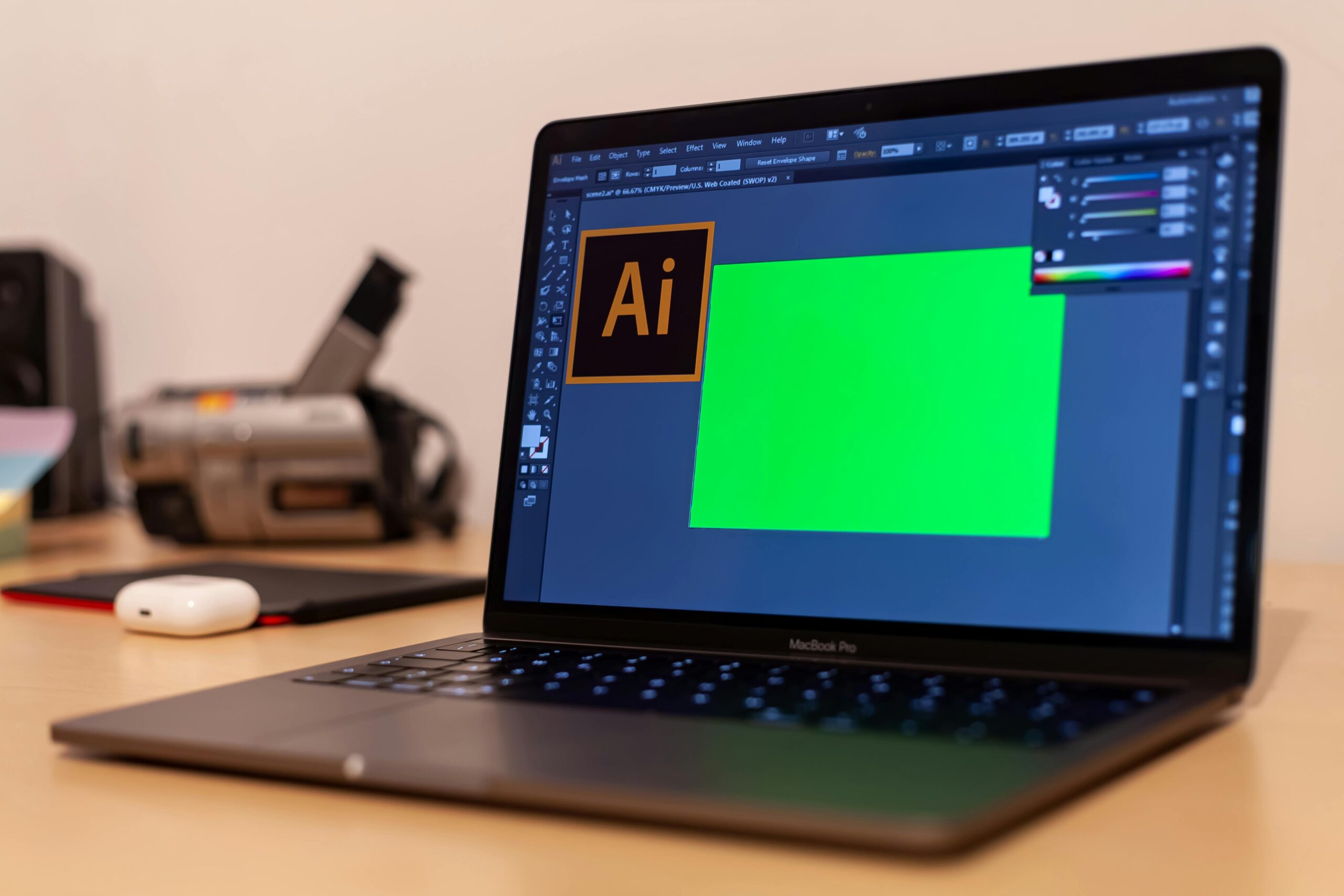 A MacBook Pro laptop on a wooden desk displaying Adobe Illustrator software with a green rectangle on the screen. A camera, stylus, and AirPods case are visible in the blurred background.